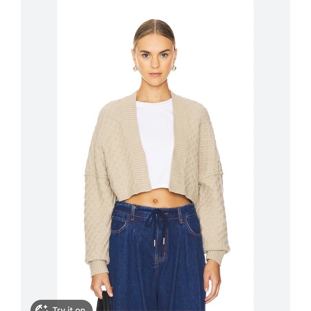 Free People Cable Knit Cardigan‎ Womens Medium Tan Excellent Cropped Open Front